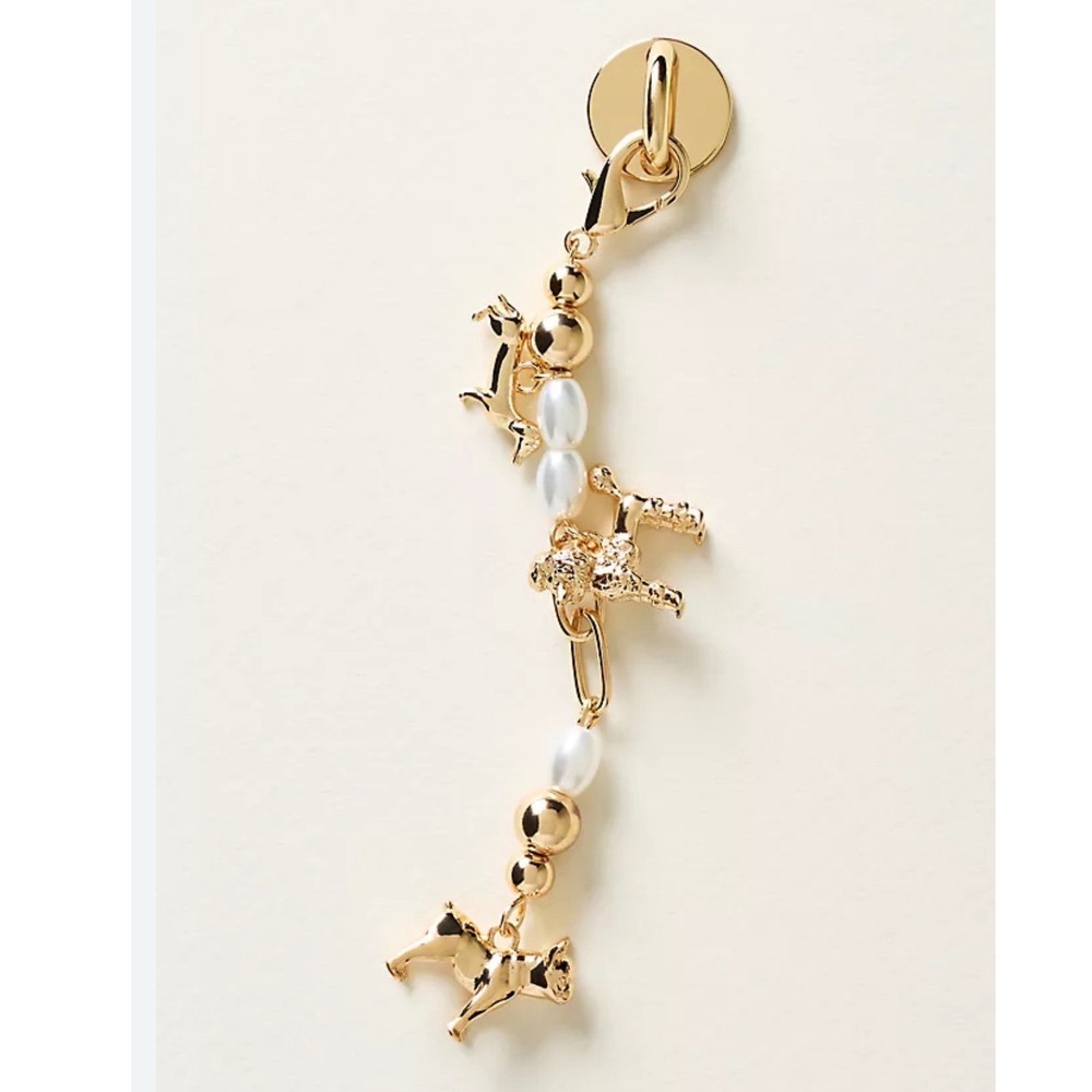 Anthropologie Dog Party Beaded Phone Charm Gold Poodle Bulldog Faux Pearl NEW